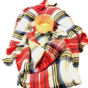 Infinity Circle SCARF White Red Plaid Wrap Fringed Acrylic Western‎ Cowgirl Boho